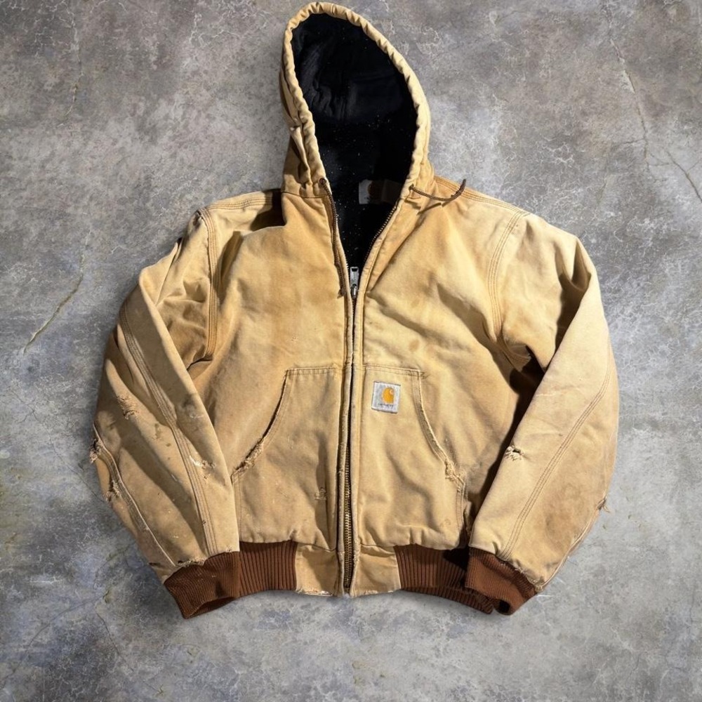 Carhartt Sandstone Duck Active Jacket Tan Hooded Workwear Distressed